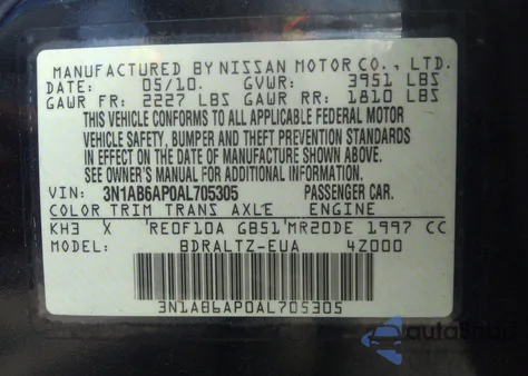 2010 Nissan Sentra 2.0Sr z USA, uszkodzony, nr VIN 3N1AB6AP0AL705305